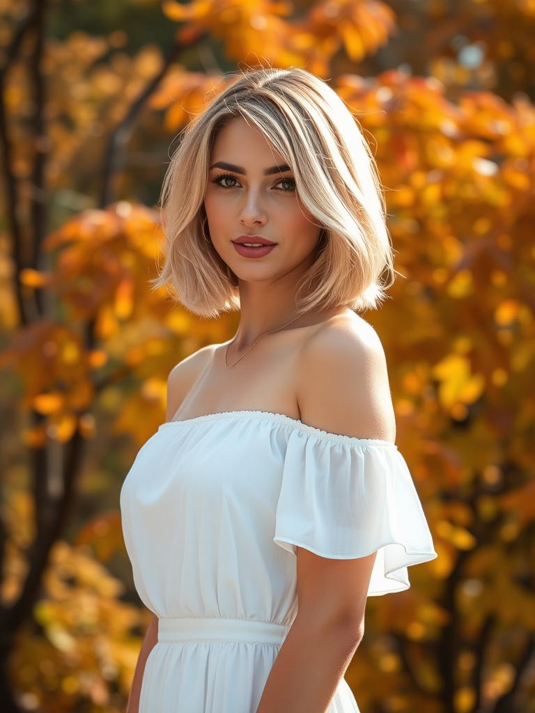 Beautiful model in the foreground, wearing a short white dress, golden blonde bob haircut, with beautiful autumn foliage in the background, in high definition.