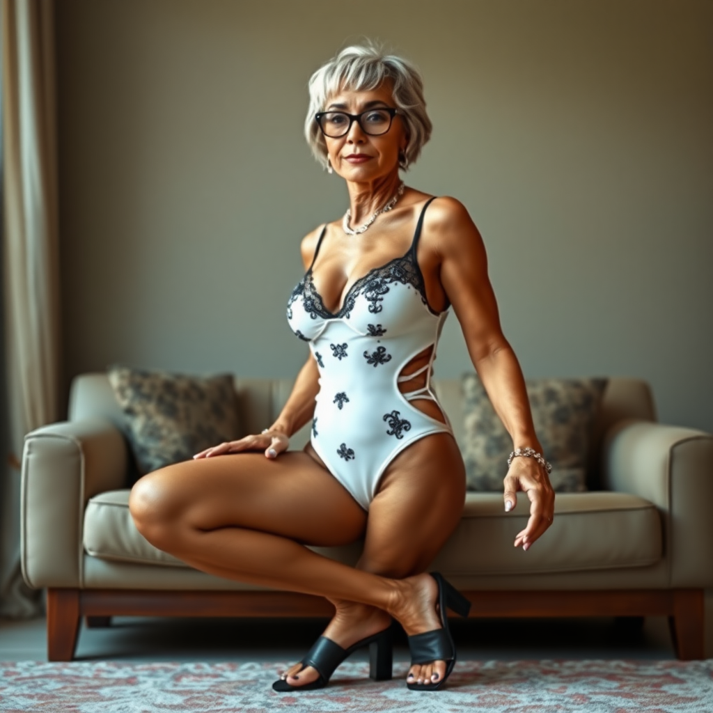 a towering 55 Years old, fit, slim, European, Latina, sharp aquiline nose, wrinkles, high cheekbones, Middle Eastern, Skinny, Tanned skin, Dark light skin, Rounded Medium breasts, Skinny thighs, full Makeup, jewelry, Serious face, Sharp nose, Ash hair, short bowl haircut, Brown eye color, Glasses, with detailed features. she is wearing embroidered black mesh balconette bras and a tight white high cut 1980s mesh cut out swimsuit, detailed fabric. full body, high heels sandals, ordering the viewer to join her on a couch, sweating, 
long establishing shot,