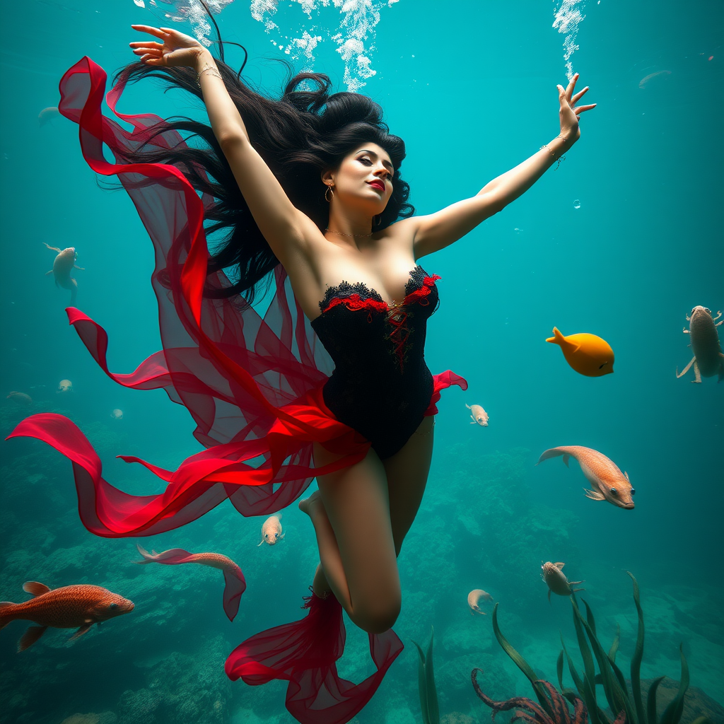 Vampirella as a burlesque dancer she's floating underwater surrounded by sea creatures and plant life. Her graceful arms float above her head. In the photographic style of Richard Fegley on DSLR