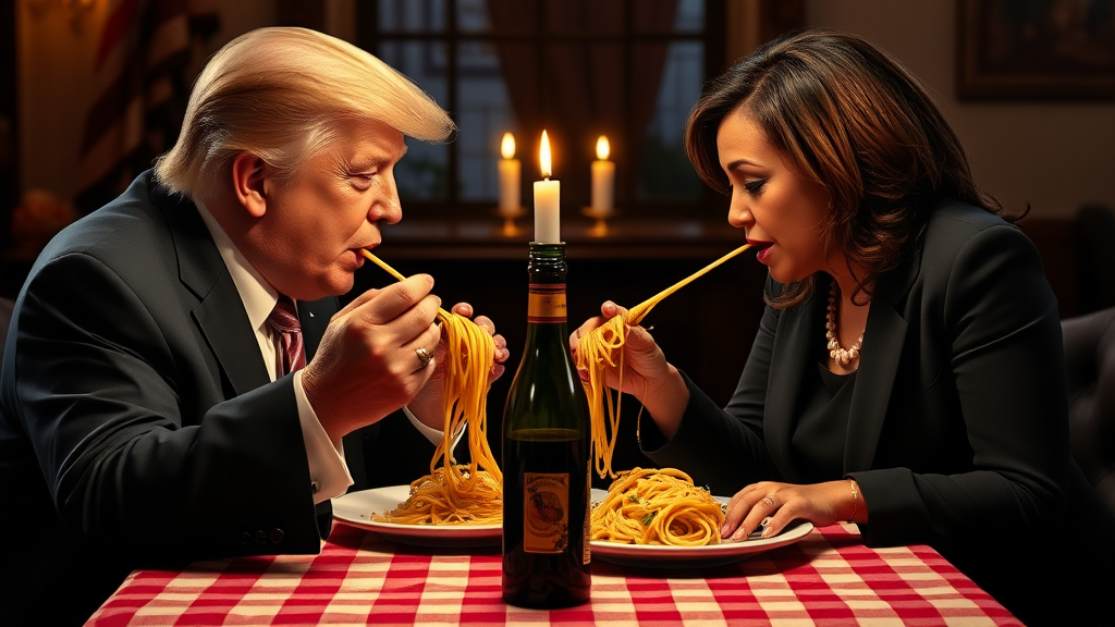 Photoreal style. ratio: 16:9. Donald Trump and Kamala Harris eating in an Italian restaurant a la the one in 'Lady and the Tramp.' Checkered tablecloth, Chianti bottle used as a candle holder. Both humans are eating spaghetti from one shared plate with their hands, and end up eating the same piece of spaghetti, making their heads meet.