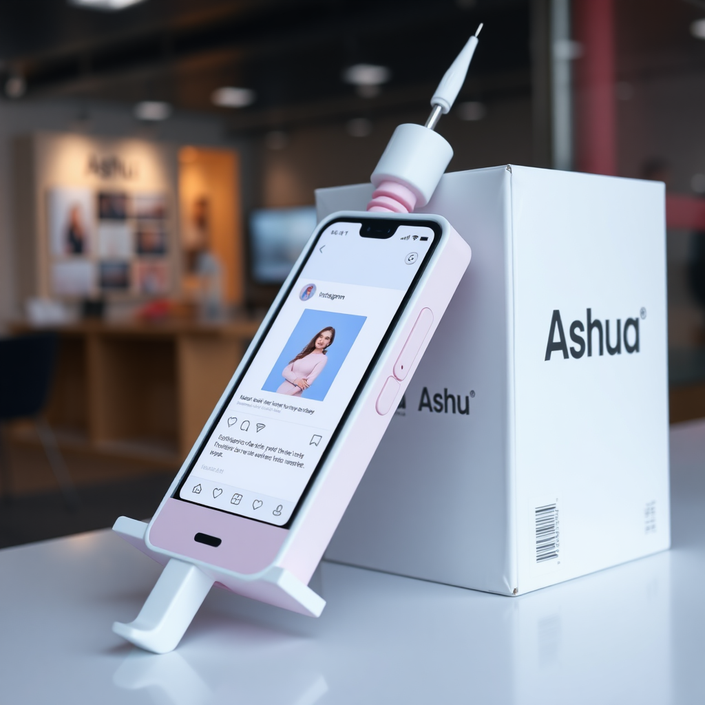 A close-up straight front view of a mobile phone in the shape inspired by a syringe, white pink futuristic, kept for sale leaning to a box with text Ashu and minimal design, in showroom, touchscreen phone with Instagram page open on screen, needle on top, whitepunk.