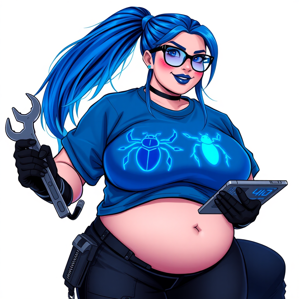 A 28-year-old, full-figured tech genius, she is the devoted girlfriend and sidekick of a cyberpunk vigilante. Her long, maximum blue ponytail and glowing sapphire eyes are striking features. Her prominent, round midsection, gigantic limbs, and broad shoulders define her full figure. As the loyal and supportive sidekick, she plays a crucial role in their missions, using her digital and technological prowess to assist and protect.

She wears an oversized maximum blue t-shirt with a glowing neon blue beetle chest icon, maximum blue lipstick, and black high-tech gloves. Her neon red blush and lovestruck smile are ever-present as she holds a futuristic wrench and a digital holographic tablet. Her full figure (especially her round midsection) shows how pampered she is by her doting boyfriend. Her nerdiness is unmistakable, accentuated by her black oversized eyeglasses. She is on a solid white background. She serves as her boyfriend’s indispensable tech expert. She is drawn as if she was in a retro 2D cyberpunk fighting game.