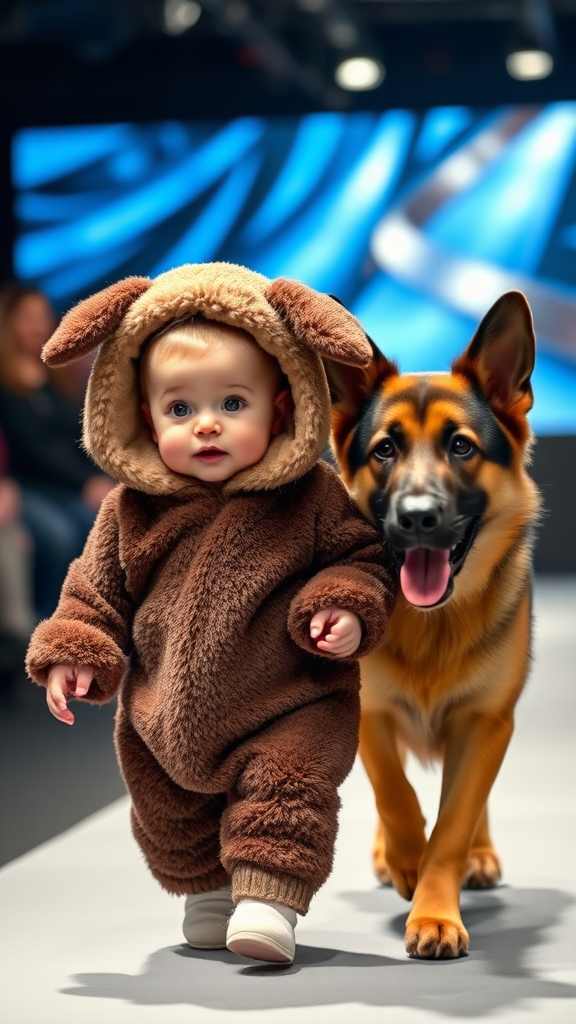 A cute small chubby fair baby with big eyes, pink lips, and pink cheeks wearing a furry cozy dog costume doing a ramp walk in a fashion show, walking alongside a real German shepherd dog.