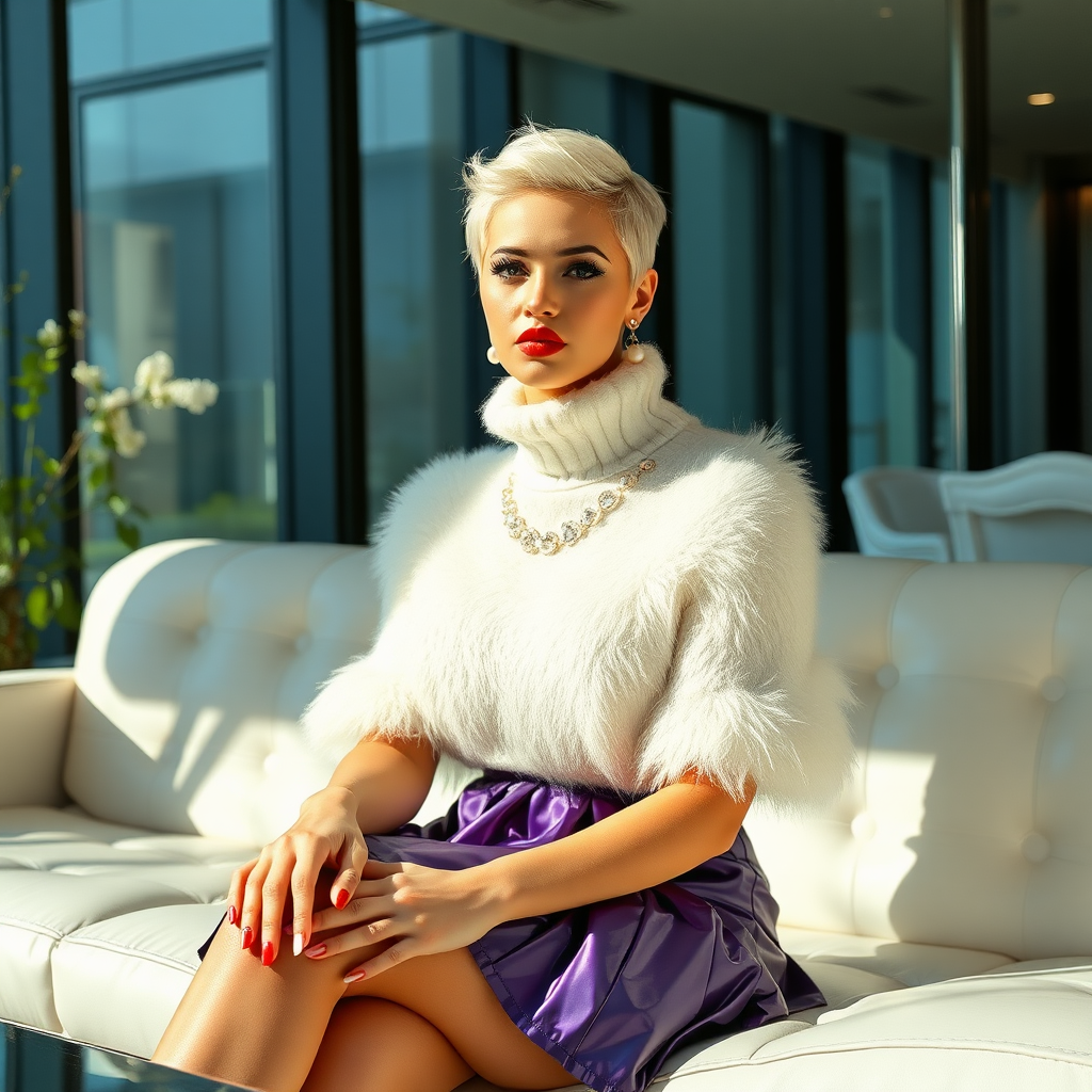 Sunny spring morning, modern glass-steel-concrete CEO office, sitting on white leather sofa:, 17 years old very convincing femboy, tamed servile docile, very beautiful feminine flawless face, rather short, by hormones very curvaceous womanly figured, platinum blond short tight curls, bold red lips, heavily made-up face, wearing Supertanya-style fluffy very fuzzy bright white angora turtleneck-poncho cropped ending under bust decorated with pearls and glass stones, purple vinyl pleated mini-skirt, bright red pumps with golden very high heels, white pearl belly piercing, gold earrings, pout frustrated, looking at camera. Focus on face and turtleneck-poncho.