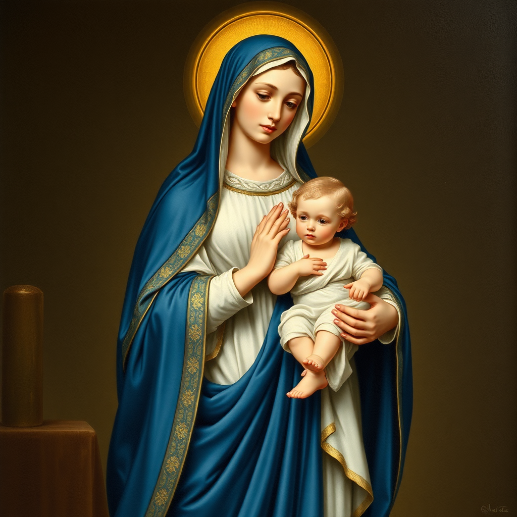 Beautiful Madonna dressed in blue and white in a long robe holding the child Jesus.