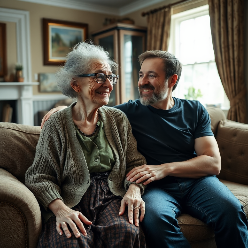 In a scene viewed from an angle and slightly above: In an old-fashioned English living room, a very frail, small and thin, very old and elderly English lady with an ugly face, kind smile, short, thinning white curly hair, wrinkled face, neck and skin, wearing thin framed glasses, an old cardigan, blouse and long skirt is sitting on a sofa with an English man about 40 years old, grey stubble on his chin, brown hair, sitting close next to her on the same sofa, wearing a black T-shirt and dark blue jeans. The man and woman are smiling at each other. The woman is looking at the man's eyes and smiling. The man is looking at the woman's eyes and smiling.