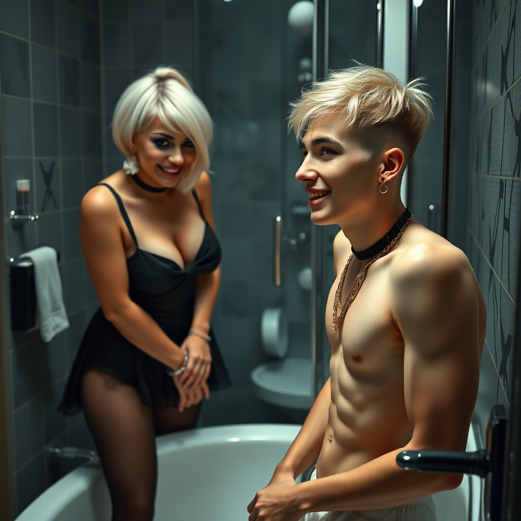 photorealistic, ultra high resolution, 16K, surreal fantasy, studio lighting, a 35 year old mother who is fully dressed for work is watching her pretty 14 year old goth son, slim male physique, short blonde hair, goth makeup, earrings, pantyhose, white ballet shoes, earrings, gold chains, handcuffs, in the bathroom, excited smile, facing the camera.