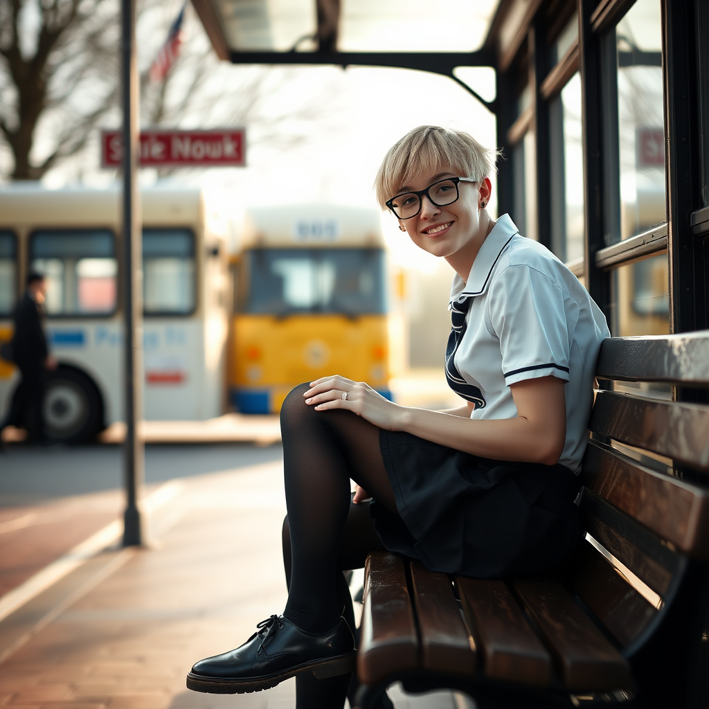 photorealistic, ultra high resolution, 16K, surreal fantasy, soft studio lighting, a pretty 18 year old goth male, slim male physique, short blonde hair, black glasses, goth makeup, earrings, shiny black pantyhose, UK girls-school uniform, Mary-Jane shoes, sitting on his boyfriends lap on a bench waiting for the school bus, in daylight, excited smile, facing the camera.