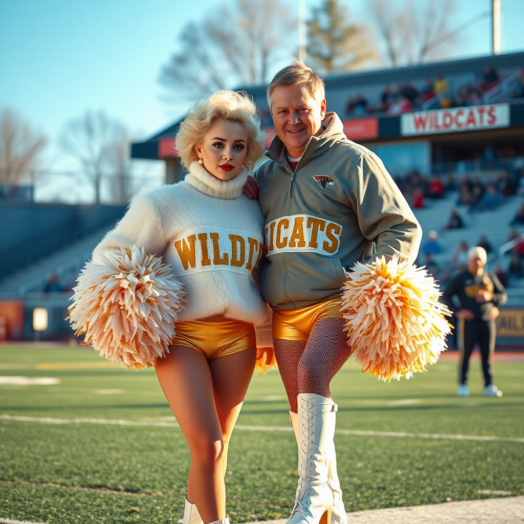 Sunny cold fall noon, college football stadium game, cheerleaders leader squat: Ana, European 17 years old very convincing femboy “QB’s trophy-bimbo”, tamed servile docile, very beautiful feminine flawless face, rather short boyish figure, platinum blond short tight curls, bold red lips, heavily made-up face, fluffy very fuzzy bright white plushy hazy thick angora turtleneck-sweater with “gold “WILDCATS” letters, vinyl gold short shorts, mesh pantyhose, white vinyl thigh-high boots with golden heels, large gold-white pompoms, pearl earrings, standing, shoulders slightly arched back to present her assets, posing for photo with Hank: older tall overweight male football coach, wearing college football coach outfit, triumphant smile, nimbly patting Ana. Jealously watching from behind: very angry wildcat’s QB.