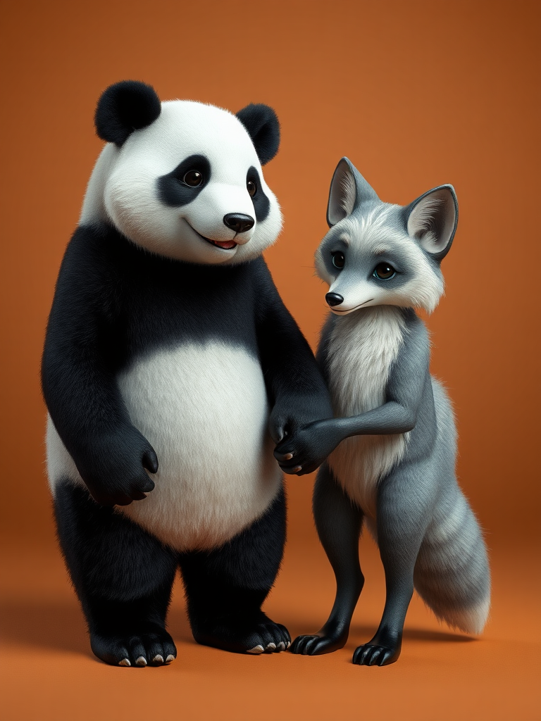 A photorealistic picture of a panda and a silver fox holding hands.