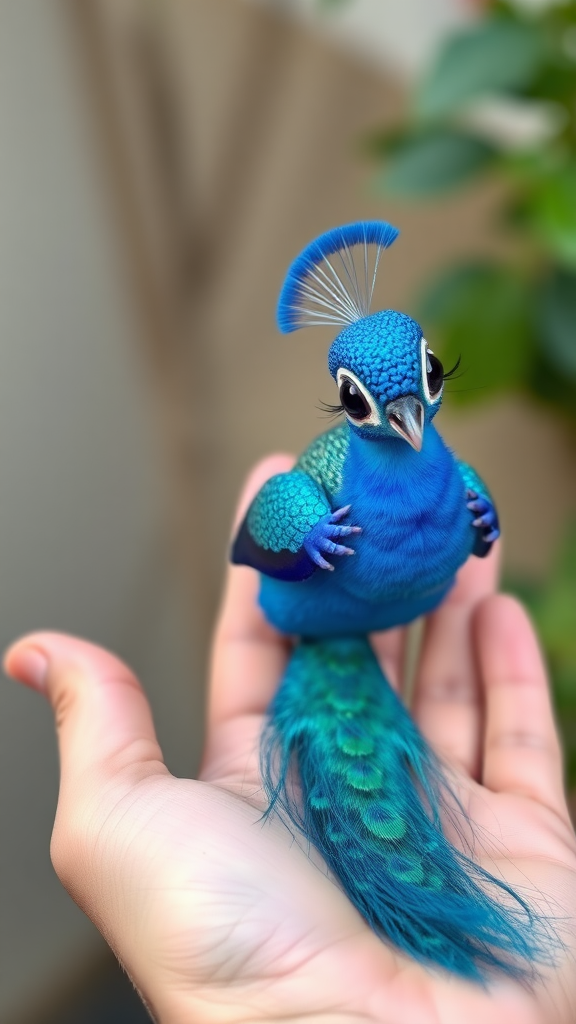 A small tiny cute chubby big eyes big perfect tail real blue dancing peacock with tail on hand