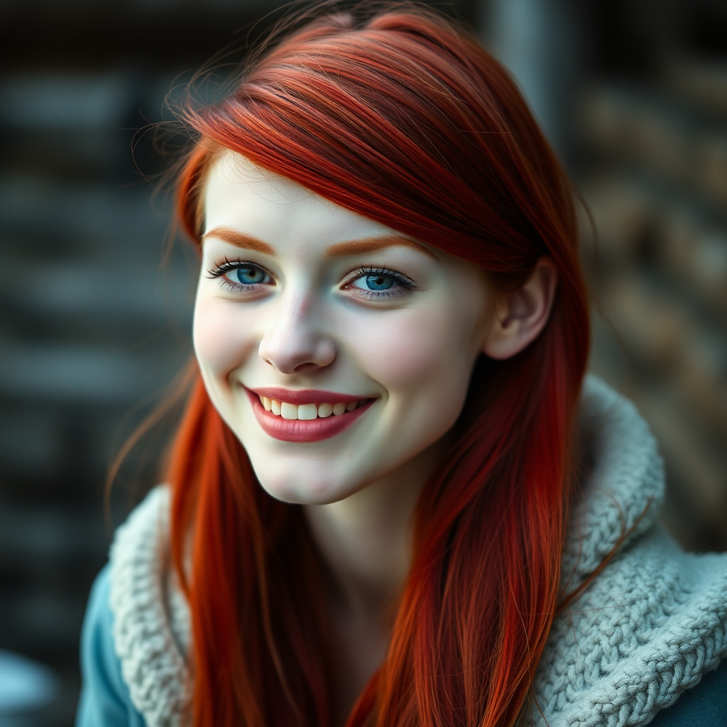 beautiful young woman with red long hair, full lips, pale skin, on Alaska, smiling