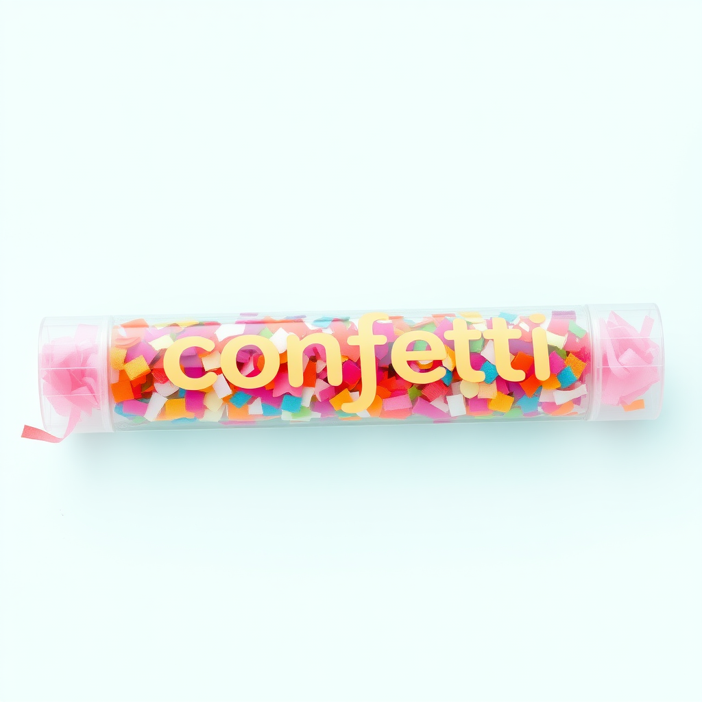 colorful confetti popper tube with text "confetti" on it, closed from both ends