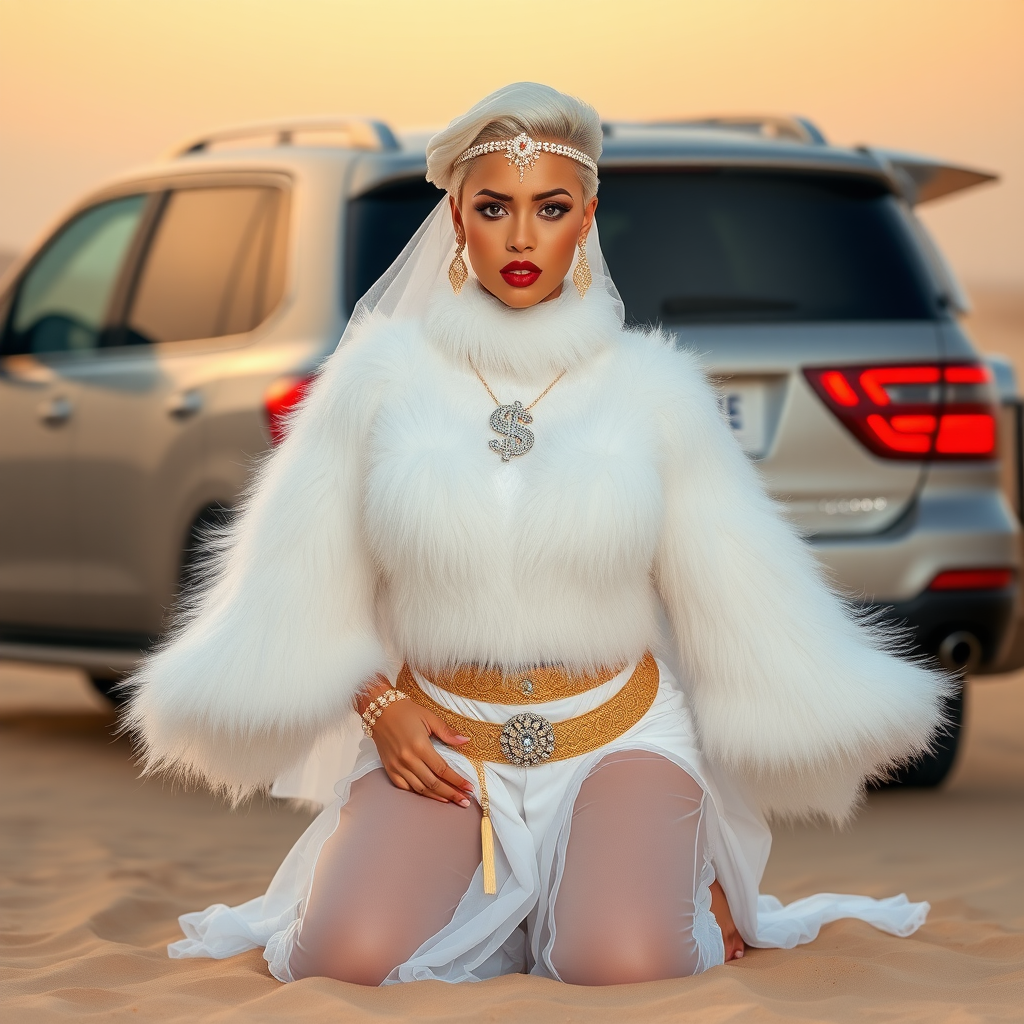 Kuwait desert dunes misty dawn, full size luxury SUV: Melissa, European 17 years old very convincing femboy “trophy-bimbo”, tamed servile docile, very beautiful feminine flawless face, rather short, by hormones very curvaceous womanly figured, platinum blond short tight curls, bold red lips, heavily made-up face, wearing Supertanya-style fluffy very fuzzy bright white angora turtleneck-poncho cropped ending under bust decorated with pearls and gemstones, striking oriental wide gold bridal protection belt, white fully transparent harem pants, full Oriental bridal jewelry including headpiece, white transparent harem-style alluring face veil covering noose and mouth, coin anklets, striking diamond “$$$” letter brooch on left chest, pout frustrated, hands tied behind back, kneeling in sand in front of SUV, looking at camera. Focus on face and turtleneck-poncho.