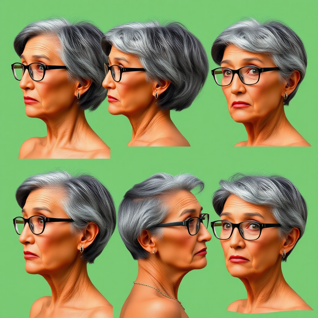 Photorealistic image of six headshots of a 50 Years old, fit, European, Latina, sharp aquiline nose, wrinkles, high cheekbones, Middle Eastern, Skinny, Tanned skin, Dark light skin, full Makeup, jewelry, Sharp nose, frowning, surprised, astonished, shocked, dark grey Ash hair, short bowl haircut, Brown eye color, Glasses, with detailed features. Each photo displays the same face in back, profile and front view, cut out and isolated on a green background. All six heads are visible side by side, empty space around each view, no overlapping.