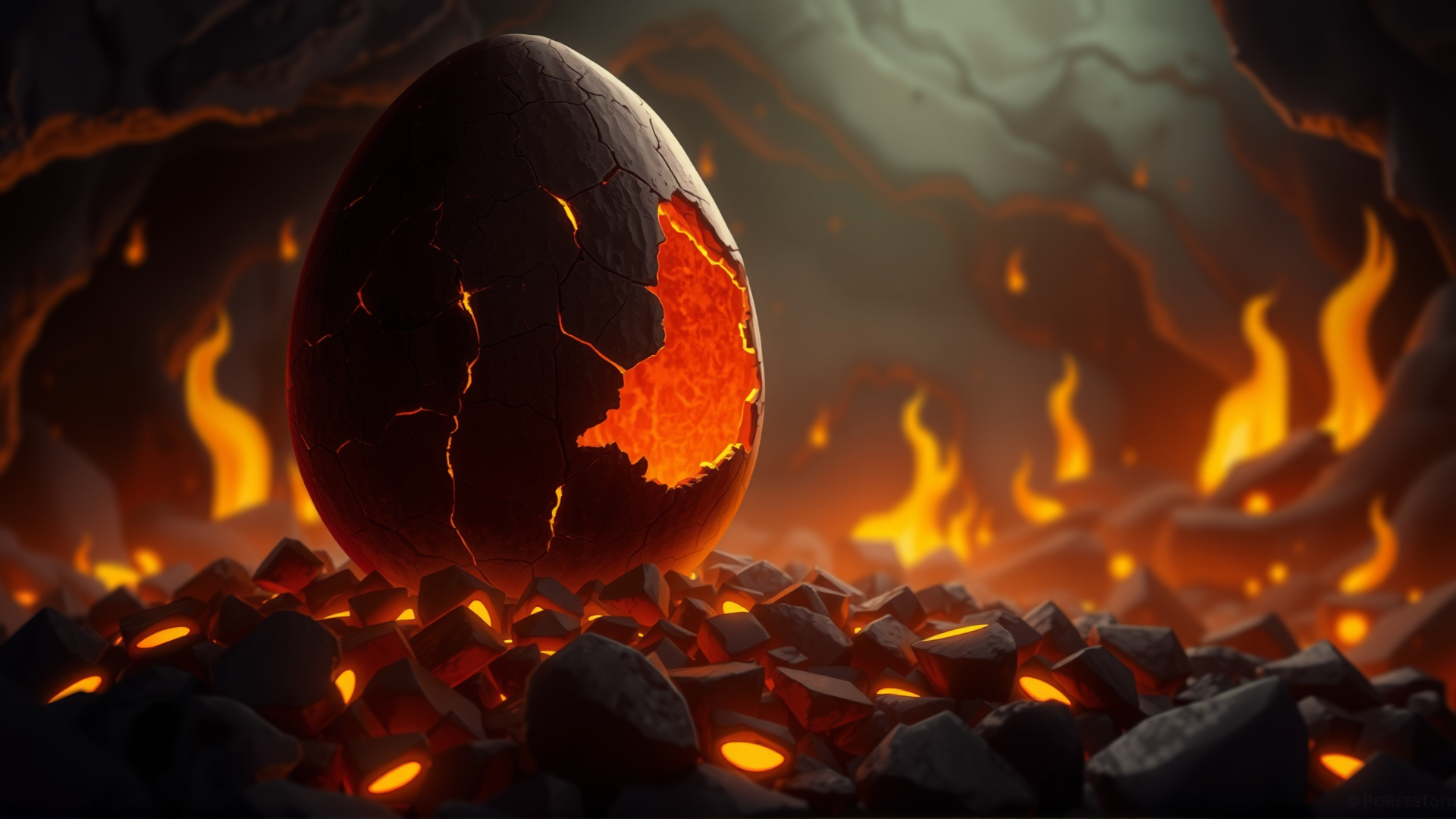 perfection style, a digital art illustration depicting a charred egg sitting on a pile of cinders in a cave full of lava and lit by the fires. The egg is covered with cracks glowing from the inside.