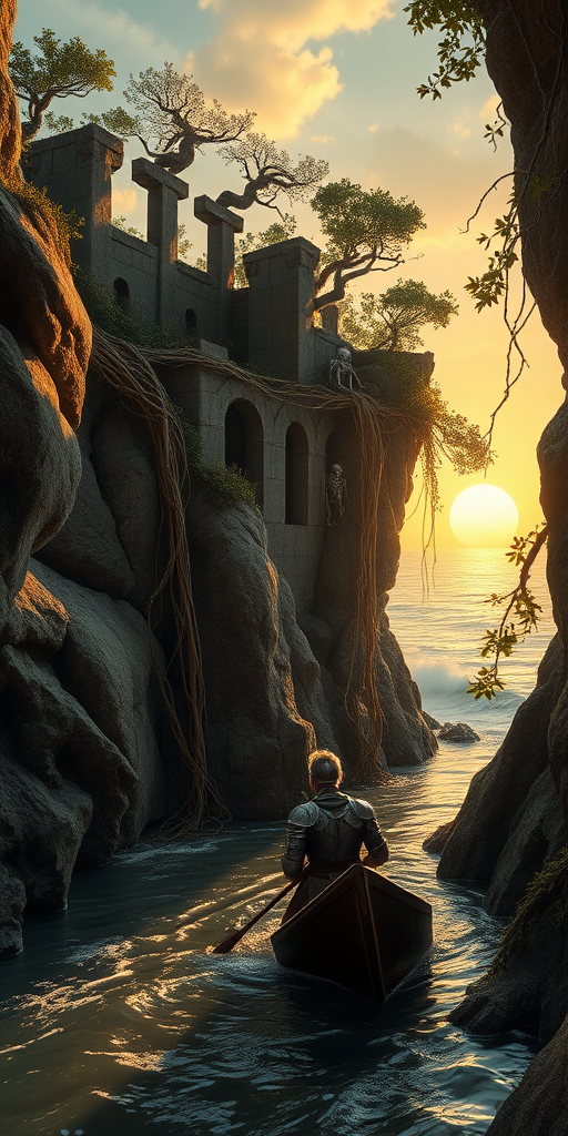 epic cinematic film low angle with interesting cliff rock formations with overhanging trees and vines with ruins. a wounded knight navigating in the river in between cliffs with trees and foliage, hanging from the vines and on the rock walls, skeletons and armor of dead warriors, revealing the ocean in the background with a big sun low on the horizon, sunset. Movie matte painting