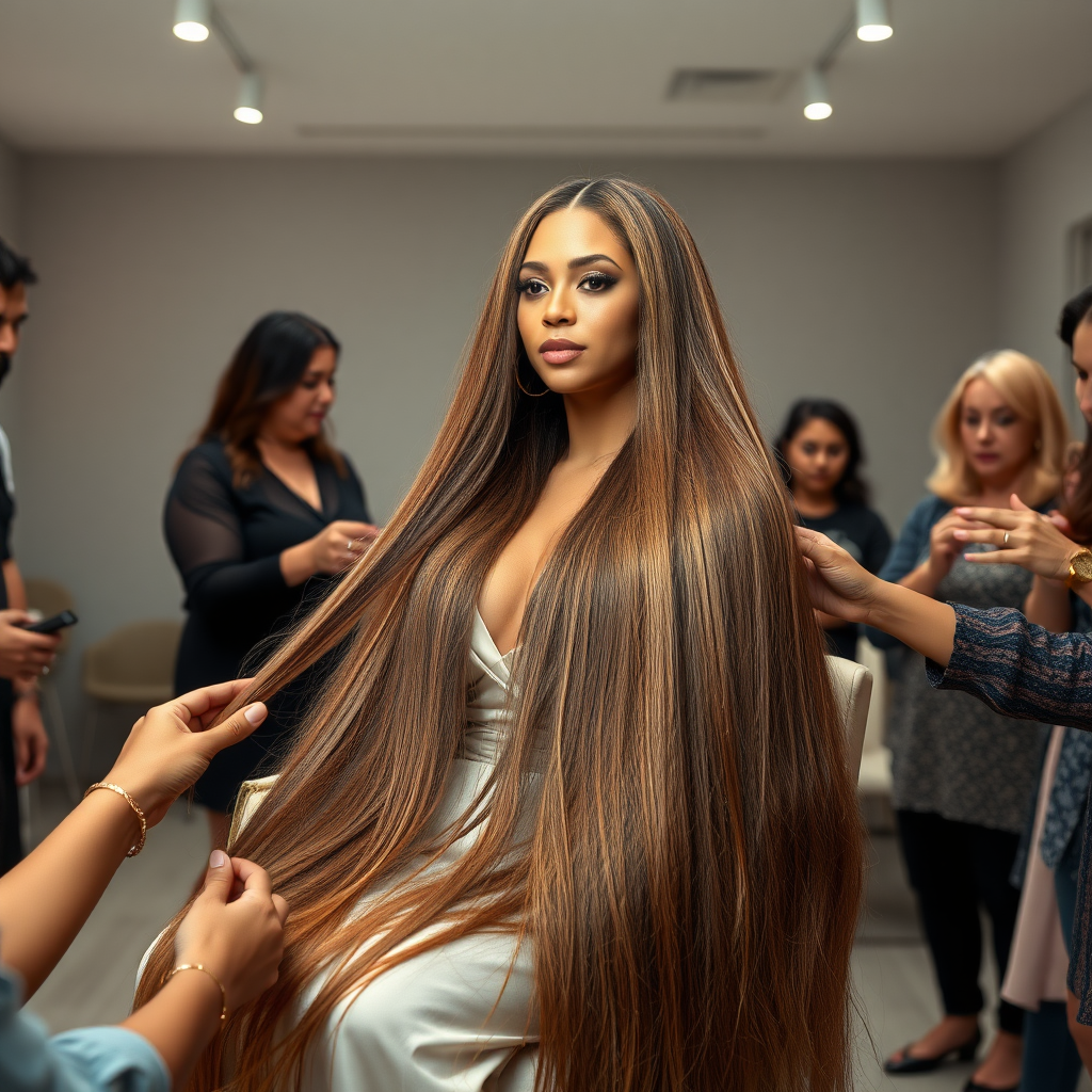 In an elegant, sunlit salon, adorned with soft, minimalistic decor, the stunning Beyoncé sits gracefully in a salon chair, her incredibly long, luxurious hair cascading like a flowing waterfall of silk down her shoulders and past her waist. The gentle glow of overhead lights highlights the rich, deep hues of her hair, each strand reflecting the brilliance of the space around her.

As an interactive long hair fetish performance art exhibit unfolds, curious visitors gather around, their eyes alight with fascination and excitement. Some eagerly reach out, gently grasping her hair between their fingers, feeling the smooth texture slip through their hands, while others playfully tug at it, testing the boundaries of their interactions. Each movement is accompanied by a symphony of soft gasps and murmurs of appreciation, enhancing the atmosphere of intimacy and connection.

The background is a simple, unobtrusive gray, allowing the artistry of the moment to take center stage. The air is charged with a sense of wonder and exploration, as visitors not only admire Beyoncé's hair but also engage in this tactile experience, deepening their understanding of the artistry behind her presence. Her expression is a mixture of serenity and playful engagement and submission, reflecting her comfort and trust in this unique performance, ultimately creating a captivating scene where art and audience intertwine seamlessly.