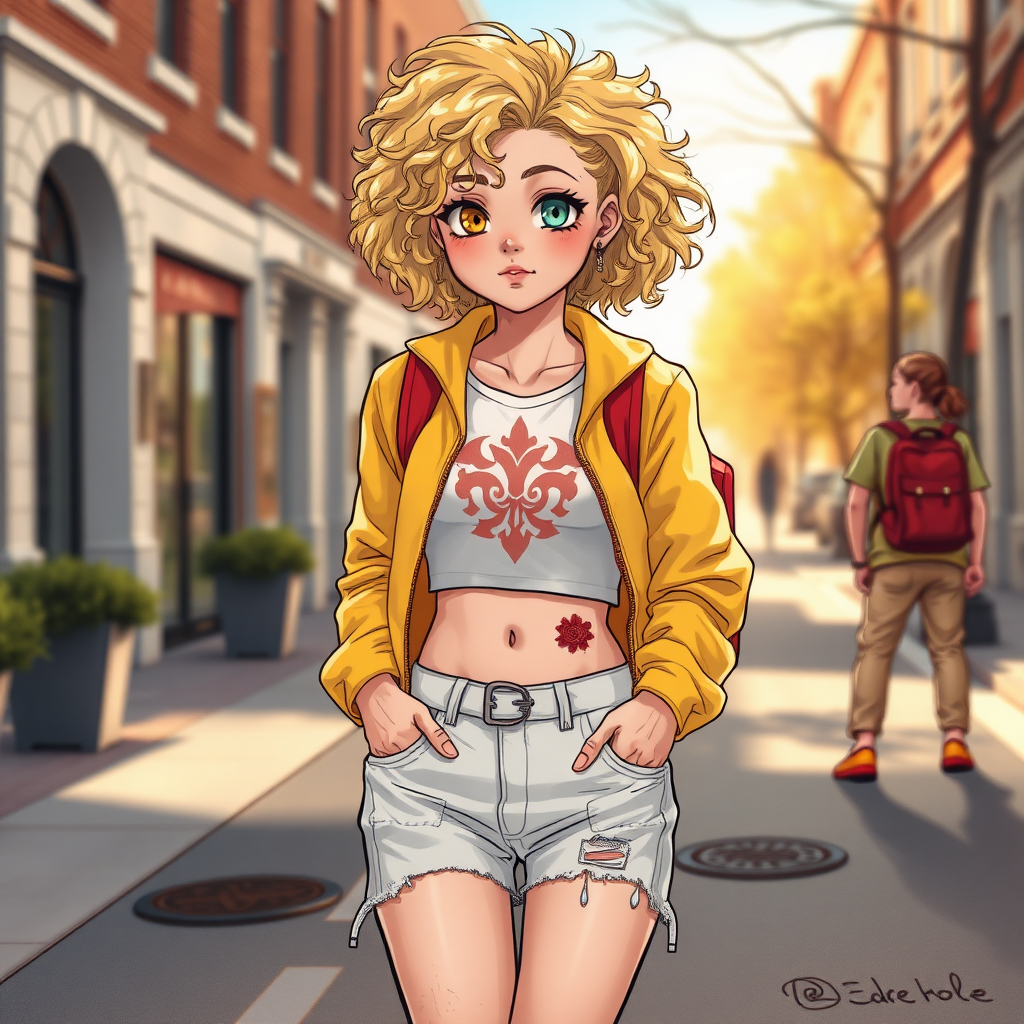 Realistic drawing style image, Extremely good quality 8k resolution drawn manga image of a 15 year old petite and short tomboy girl with golden blonde curly hair with mixed and different colored eyes for each eye and moles on her entire body and is a white American girl, Has on a Gold Jacket over a white extremely short crop top only covering her breasts and nothing more with a design on it, and has on ripped shorts and cool looking sneakers and a deep and big knife cut wound on her stomach from a huge injury she had, with a bright color backpack, ear piercings on, walking on the street to school in the morning with the beautiful sunlight lighting up her body beautifully with no tattoos.