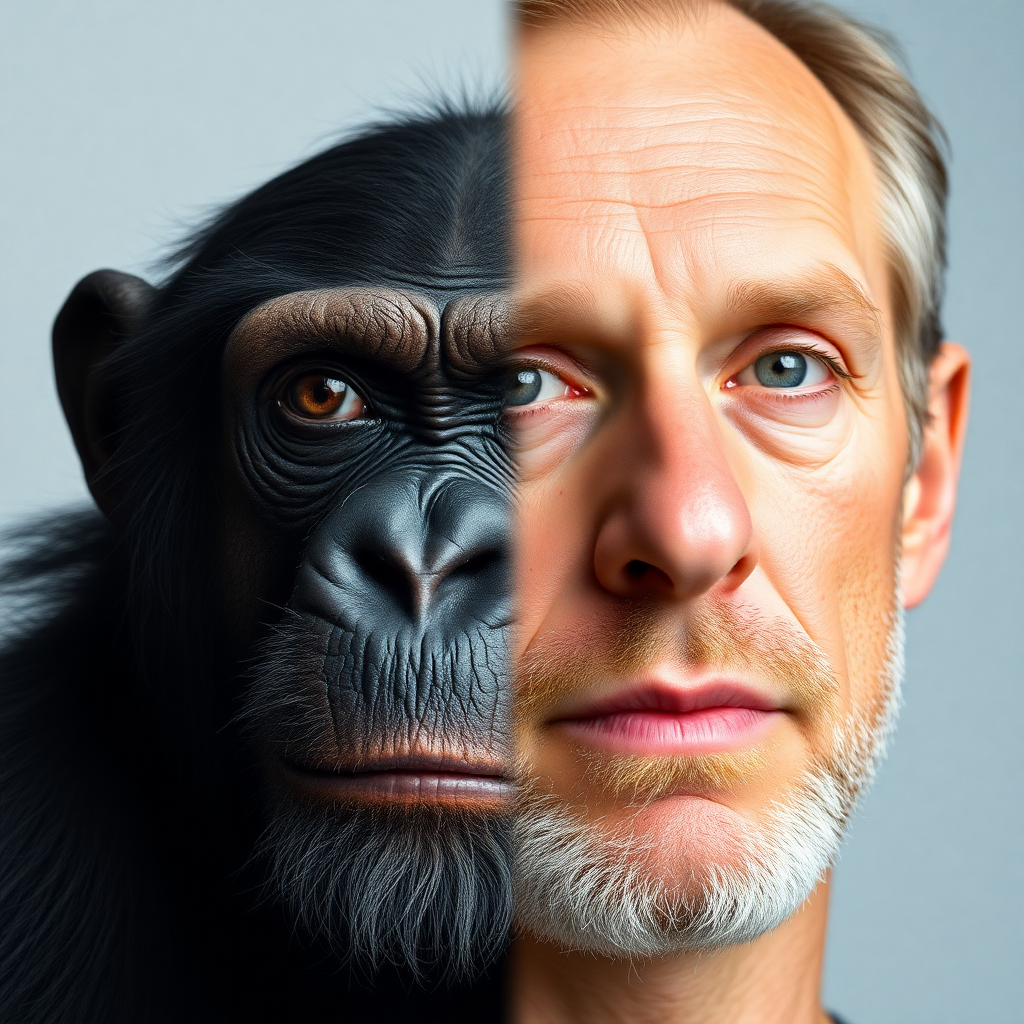 Face front.
Left side of a chimpanzee's face and right side of a man's face.
Two faces in one.