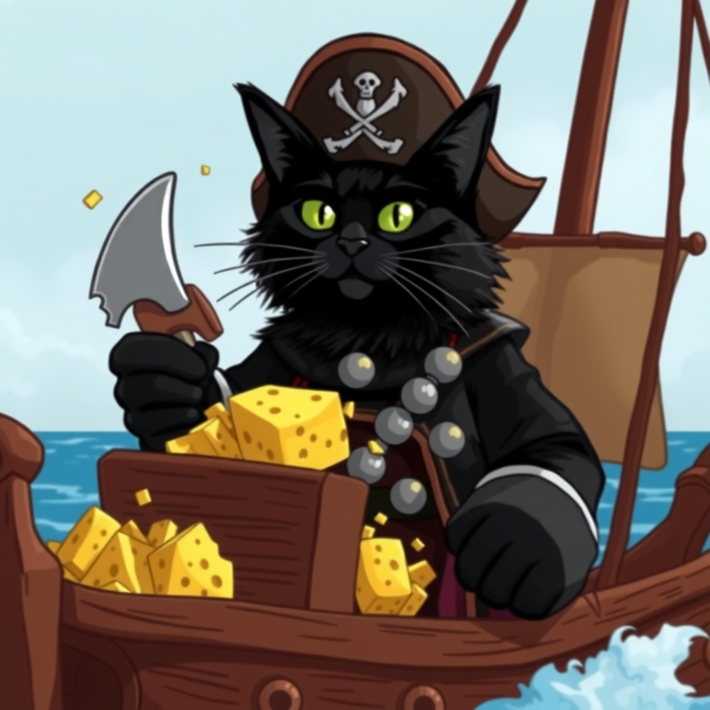 Black cat pirate Captain with treasure cheese filled with cheese on a pirate ship