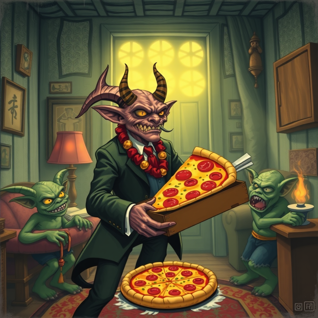 A well dressed handsome demon delivering Hawaiian pizza to angry goblins in a decayed apartment,Chinese woodcut, Mormon , Catholic