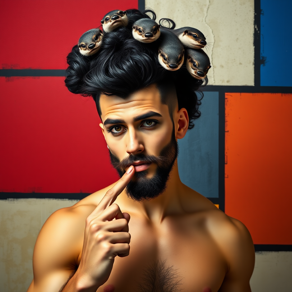 The background is a painting by Mondrian with red, blue, yellow, and white. A 4K hyper-realistic photograph in the style of Mondrian, blending surrealism with kitsch. The subject is a man with an extravagant, curly black haircut, styled in a flamboyant bun, paired with a sexy, masculine look. He sports a neatly groomed, three-day beard — short, evenly distributed, with a light shadow effect across the chin, jawline, and cheeks. His makeup is dramatic, like a drag queen, adding to the boldness of his appearance. He has a muscular, athletic build. He is naked with sexy nipple covers, standing confidently. His pose is that of a pin-up woman with a finger inside his mouth. Above him, smaller otters rest playfully on his head.