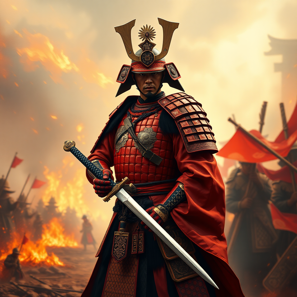 A Japanese Warring States general wearing a red exquisite armor, holding a long sword, with determined eyes, majestic, standing on the battlefield filled with flames of war, oil painting style, strong sunlight, backlight, long-shot perspective