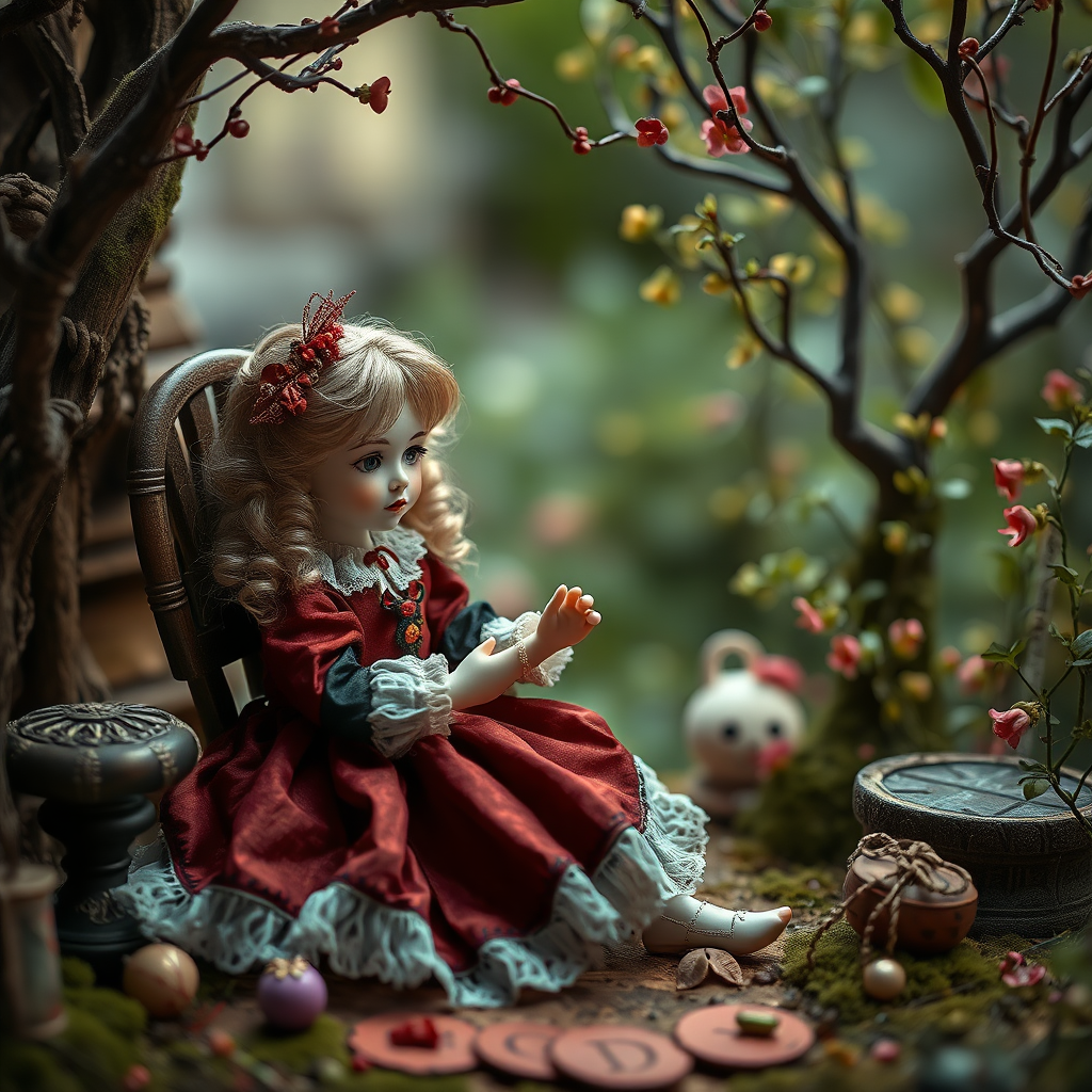 a porcelain doll playing, artists doll, high quality photo, intricate environment, ultra-detailed, impressionistic, dynamic composition, artistic photograph, matte texture