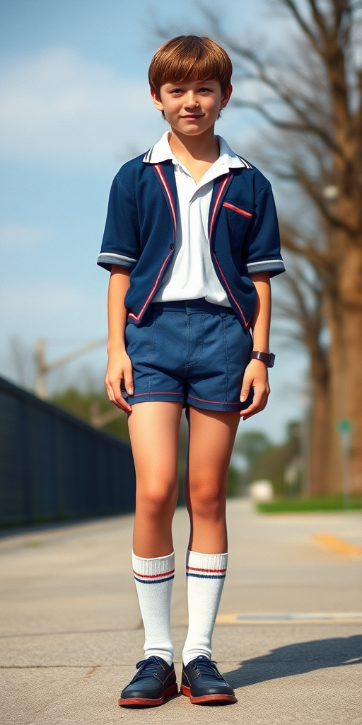 a tall 14yo teen boy, bob cut, wearing school uniform with uniform matching very tight booty shorts, tube socks, shoes, long legs, narrow thighs. full-length view. 1980s. photorealistic, ultra high resolution, 16K, Negative: grainy, blurry, bad anatomy, extra limbs, watermark.