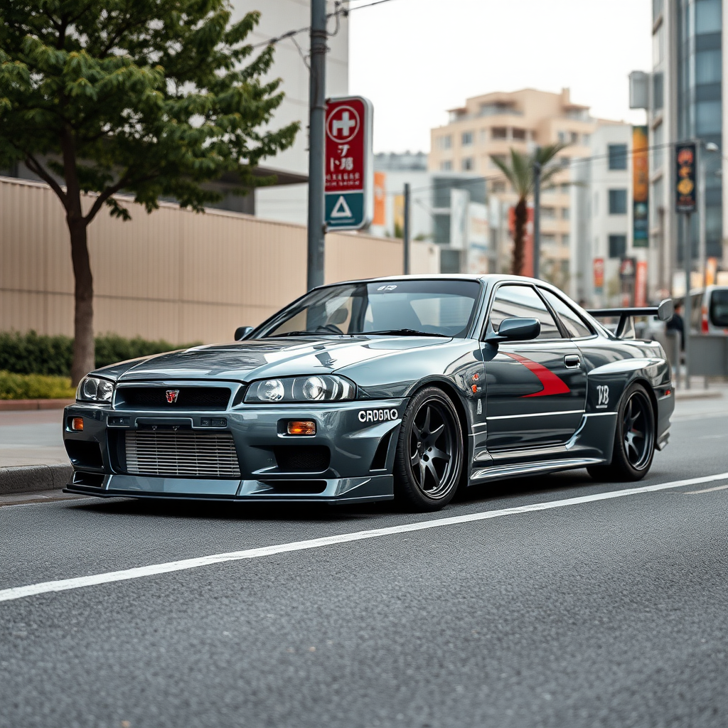 The car is parked on the side of the road, inspired by Taiyō Matsumoto, tumblr, restomod, nd4, c4 metallic shine gray black nissan skyline r34 tokyo gece cosplay kadınlar arkaplan hatasız ayrıntılı genel gerçek detaylar