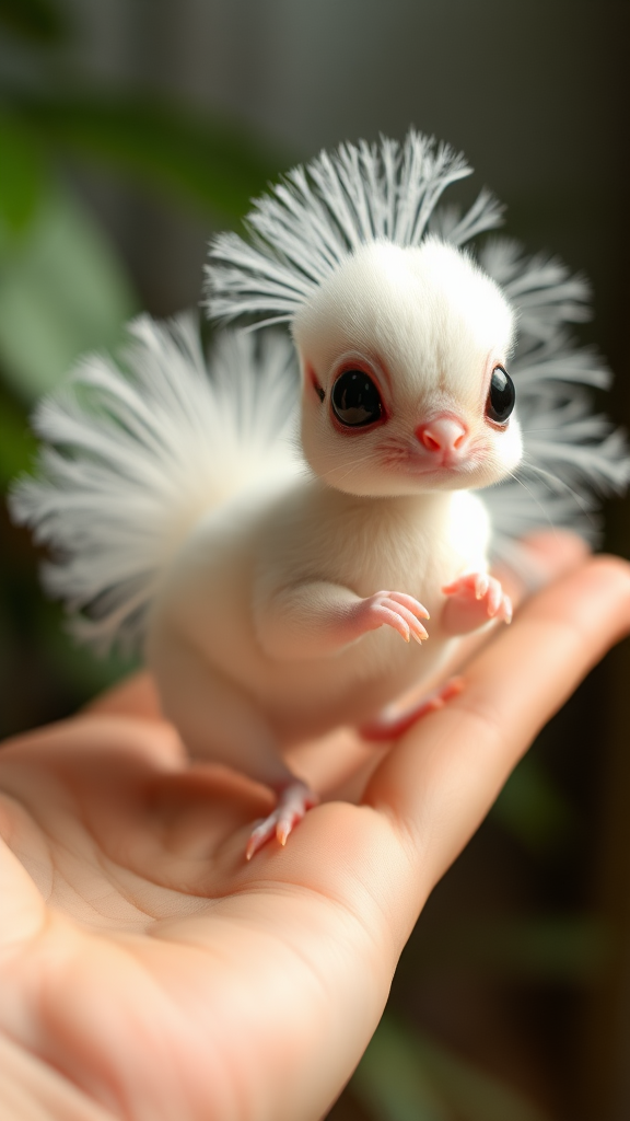 A small tiny cute chubby big eyes big perfect tail real white dancing peacock with tail on hand