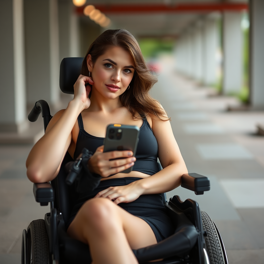 An iPhone photograph of a woman in her twenties, sitting in an electric wheelchair. Provocative pose.