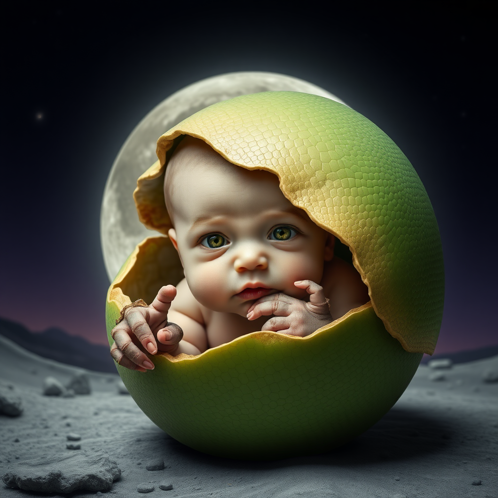 Create a photorealistic mix picture in Salvador Dali style. With a fresh newborn human baby hatching from what looks like a green reptile egg. The baby looks straight into the camera. The baby has extremely light yellow pupils. The baby has reptile hands with claws. Scene: moon landscape.