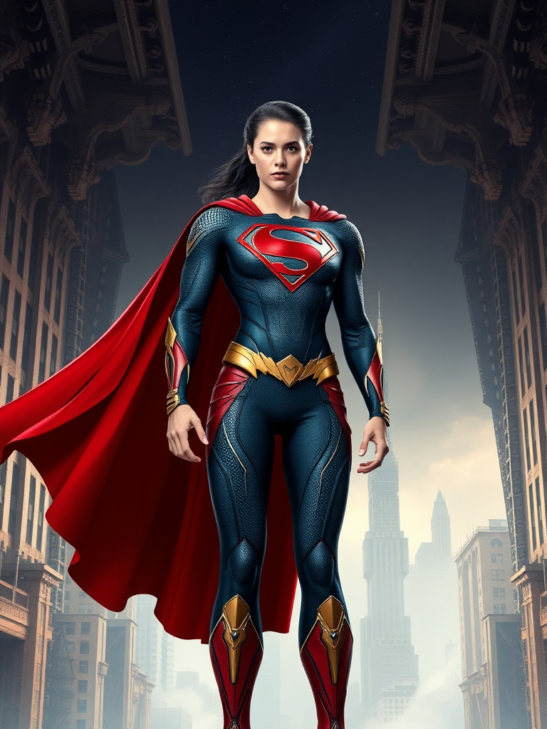 Create a full-length image of Superman, using the female figure of Ochaco Uraraka for the body. Retain Superman's head, hairstyle, and facial features. Combine Superman's costume with embellishments inspired by Ochaco Uraraka, reshaping the outfit to match the new proportions. Design the background by drawing inspiration from elements found in both Superman's Metropolis and Ochaco Uraraka's world, blending architectural and thematic features seamlessly.