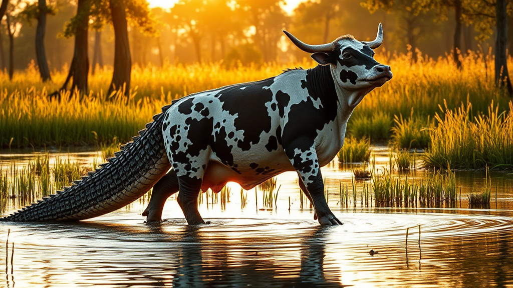 Here's the updated prompt for FLUX.1 art generator, incorporating alligator legs:

A full-length image of a surreal hybrid: a cow-alligator fusion. The creature has a cow's head with horns and ears, seamlessly blending into an elongated, alligator-shaped body. The entire body, including the long powerful tail, is covered in cow hide with distinct black and white patches. Its legs are pure alligator: short, muscular, and scaly, ending in clawed feet. This bizarre beast stands in a swampy wetland, surrounded by tall grass and cypress trees. Golden hour sunlight bathes the scene, accentuating the contrast between the cow-patterned body and reptilian legs. Rippling water reflects its extraordinary silhouette. Style: Hyperrealistic award-winning wildlife photography, with sharp focus, vivid details, and masterful composition capturing this impossible creature in its natural habitat.