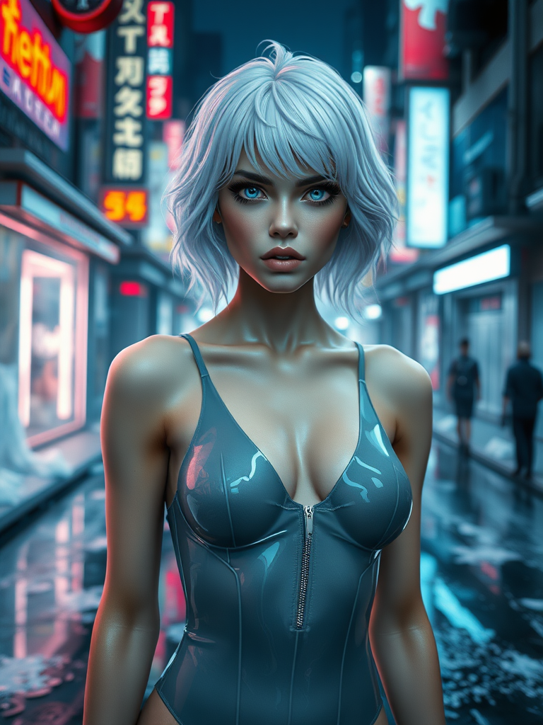 FEMALE NEXON GAMES, inside in a scenery game city Altered Carbon, white gelatins floating, white hair, blue eyes neon, mouth closed with a sarcastic expression of irony, ice street in city, using grey gelatin swimsuit translucent metalic grey skin, front posing, full body view, Image 9:16 Resolution HD High Quality, cinematic corrected lighting, hyper-realistic saturation in layer fusion with 8K cimetric HDR traces in Real Tracing perspectives, realism vision colors Impact of Realism in the reflections of the environment inspired by wet