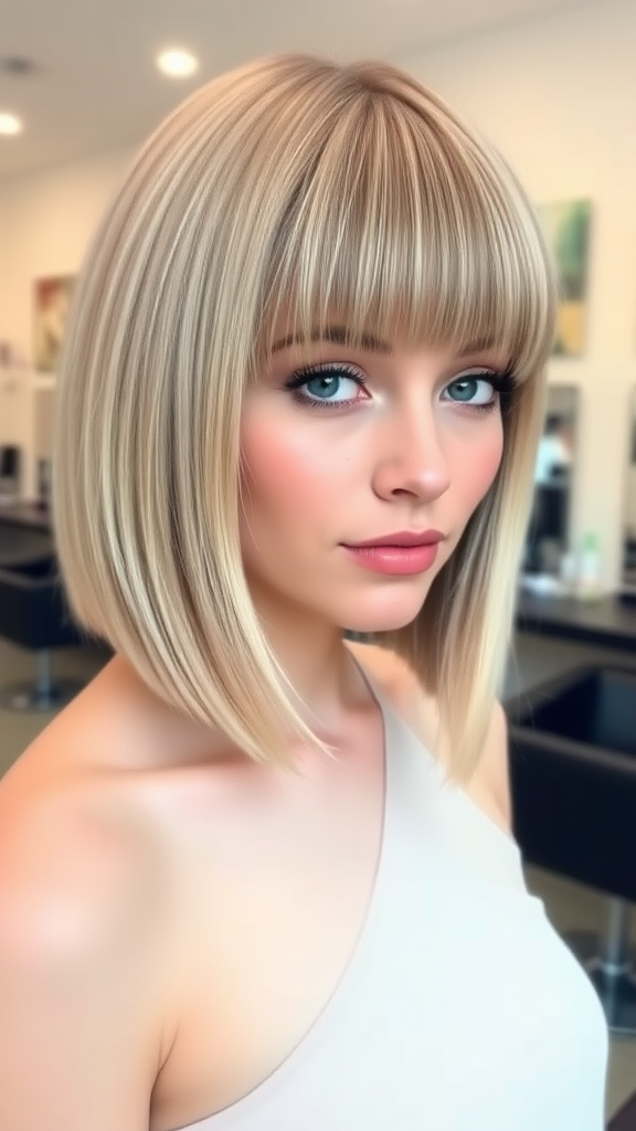 Beautiful model with a blunt bob haircut with straight bangs in ash blonde color, in high definition, in the background, hair salon.