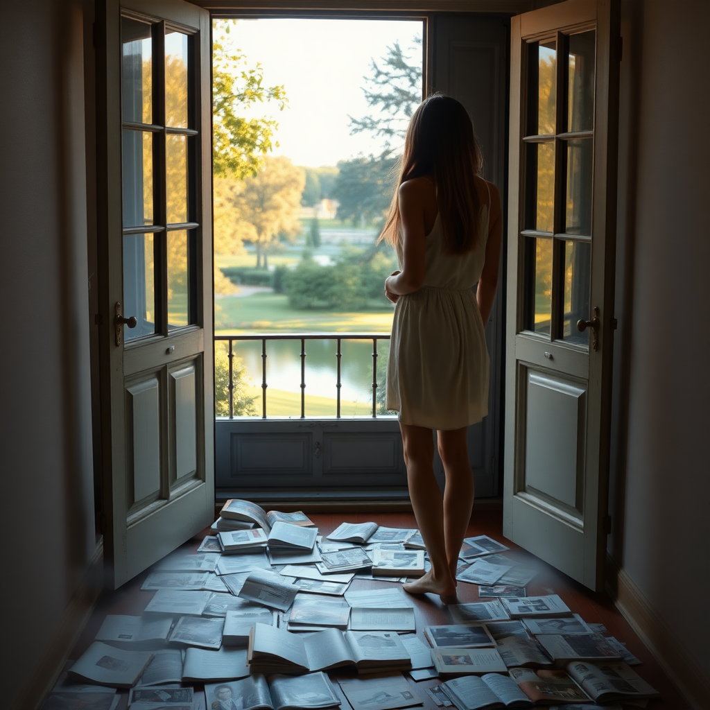 a young woman standing in the open terrace door and looking outside to a beautiful park with a lake and trees. she is wearing a simple dress and is barefooted. long brunette hair with highlights. on the floor behind her in the room there are many disrupted books and magazines. warm light outside, darkness inside. the books and magazines slowly disappear fog on the ground of the room. sun on the terrace. photo