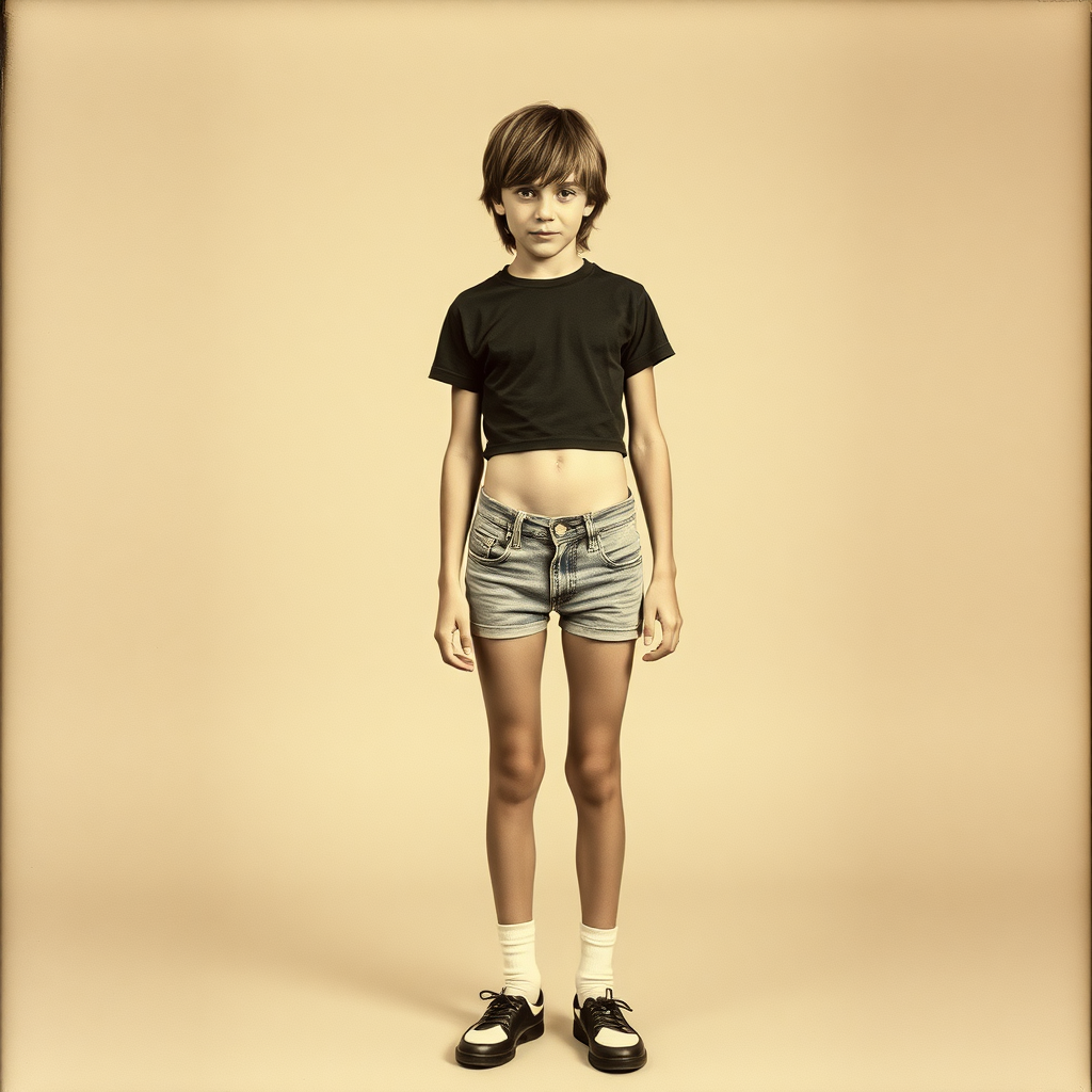 Tall skinny teen boy, shoulders long hairs, wearing crop t-shirt, denim tight booty shorts, socks, shoes, long legs, bare thighs. Vintage photograph, 1970s. Negative: bad anatomy, extra limbs, watermark.