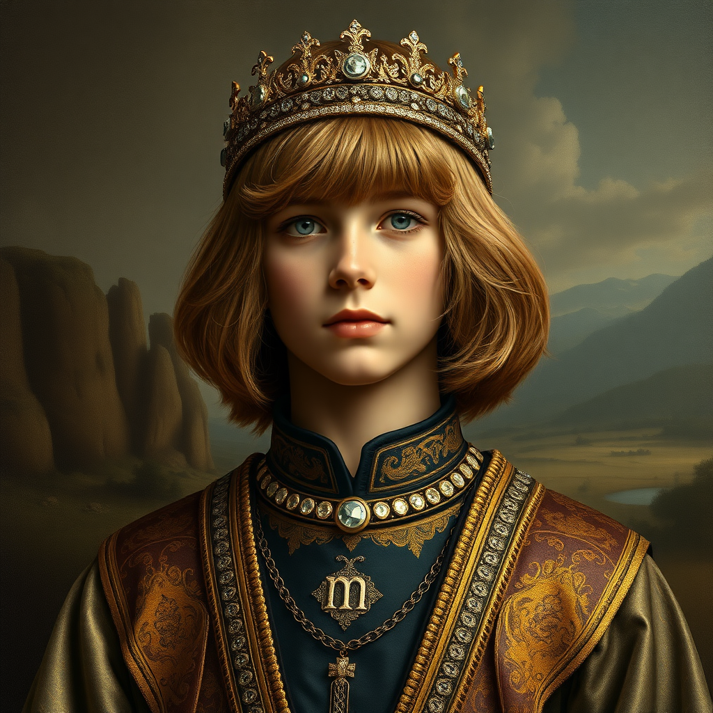 16yo teen boy prince, long bob cut, embroidered with gold and diamonds medieval cloths, diamond diadem, and Beautiful War. Free style by FLUX photorealistic. The background is in the style of landscape style by Antonio del Polaiolo, Generating the signature at the bottom: Viva FLUX & Bach, ultra high resolution, 16K,