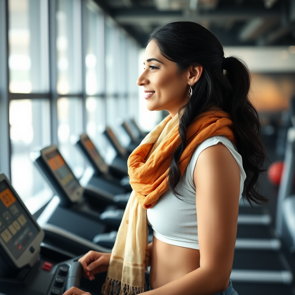 slim, Indian wife, scarf, working out on Treadmill in gym