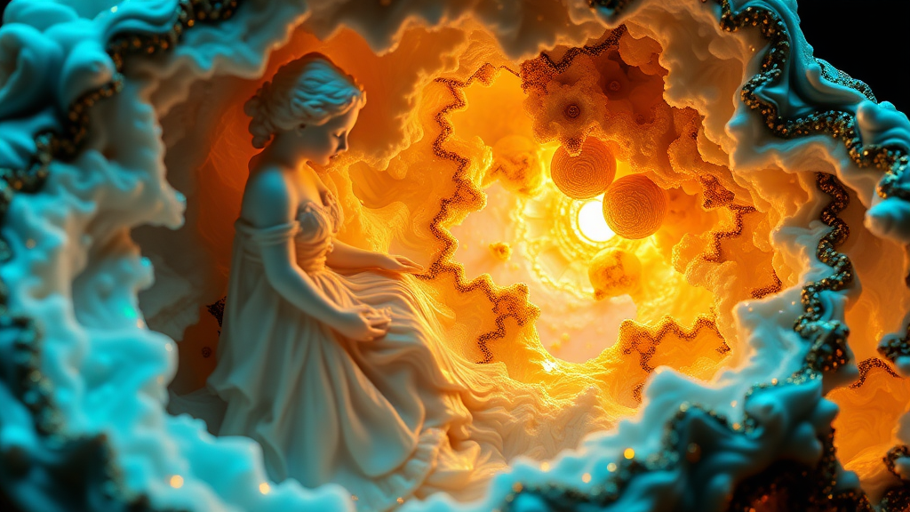 porcelain doll, statue, mandelbulb fractal landscape, ultra-detailed, dynamic composition, artistic photograph, geode, alabaster, fractal, brilliant colors, glittering, illumination, transparency, translucent, opal, turquoise, gold, romanticism, sharp focus