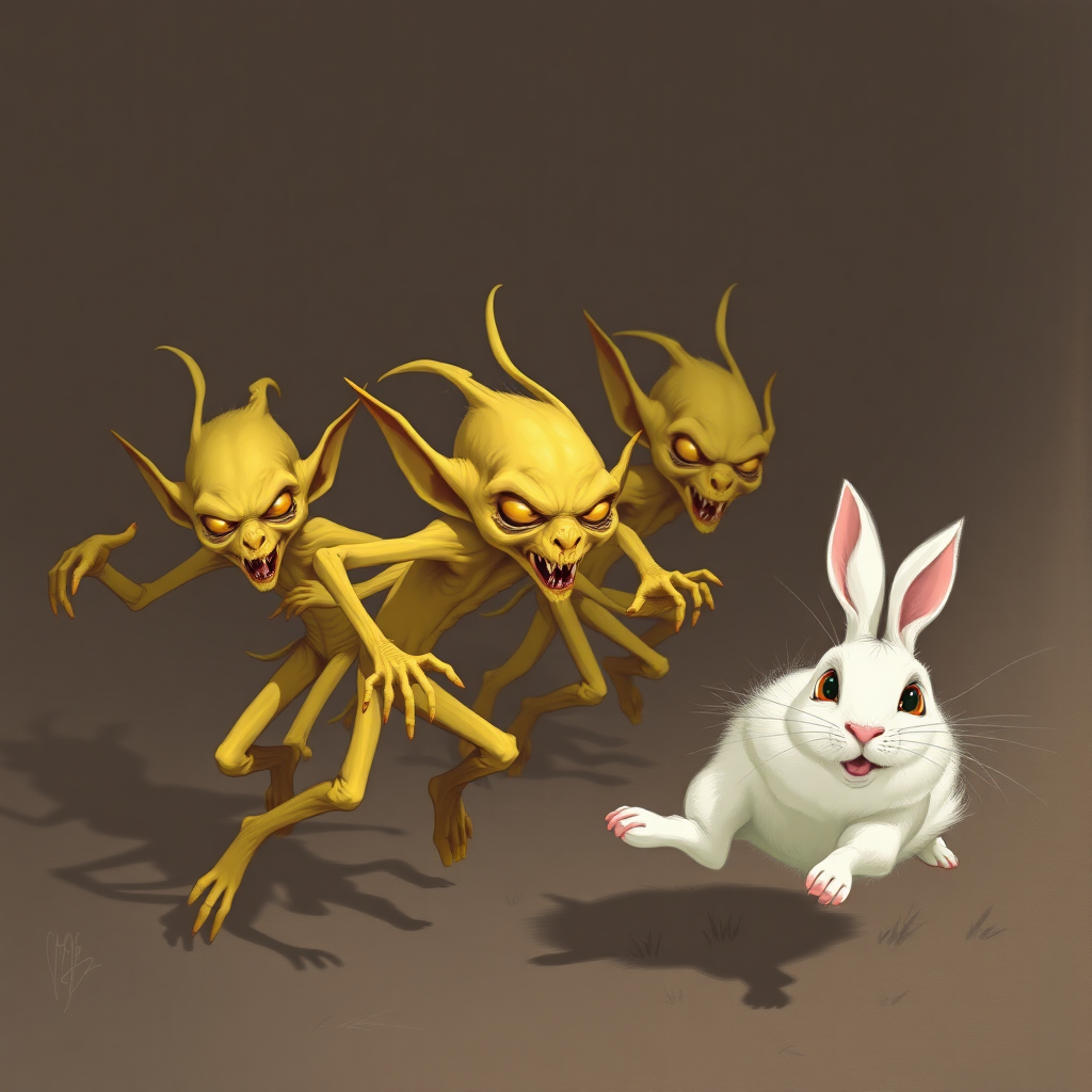 Several skinny, yellow goblins chasing after a fleeing bunny