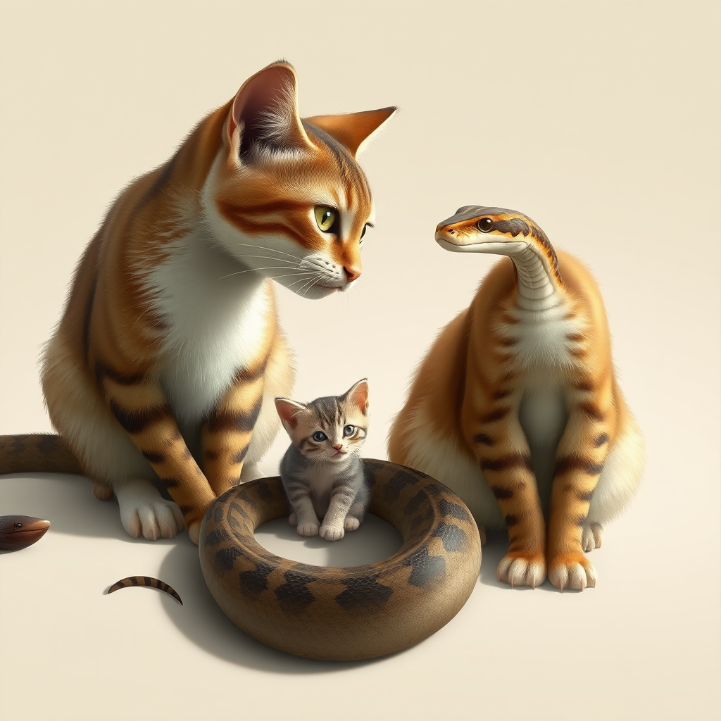 A mother cat and a snake are in a standoff, with a kitten hiding behind the mother cat, panoramic view, side shot, realistic style.