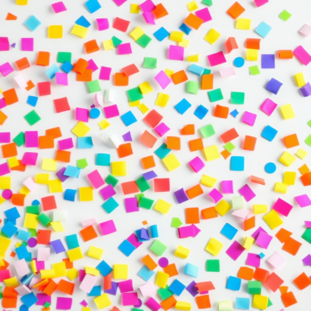 A high-resolution, vibrant image of lots of big colorful confetti pieces falling in the air, evenly scattered, plain white background, clean, professional look, stock photo