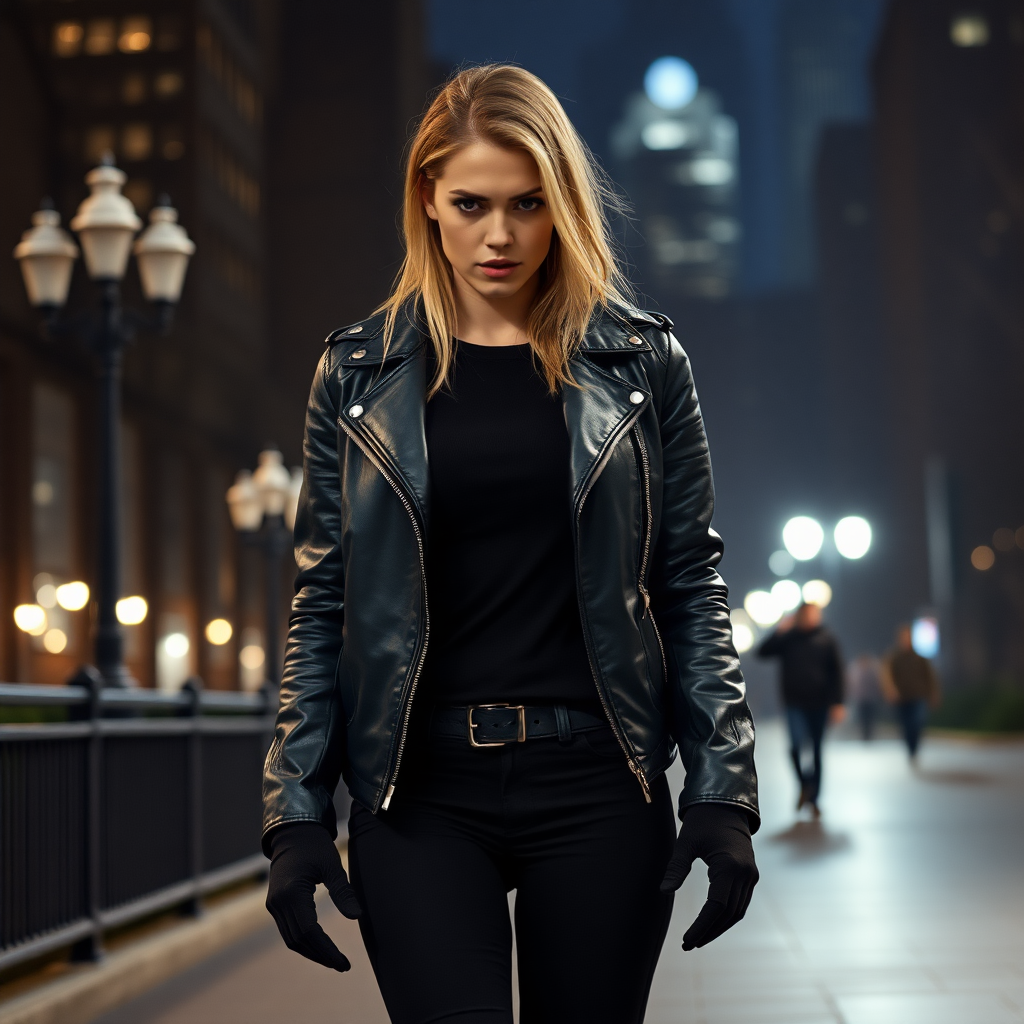 A beautiful angry female burglar in black leather jacket over black t-shirt with black pants and gloves walking in Manhattan park at night.