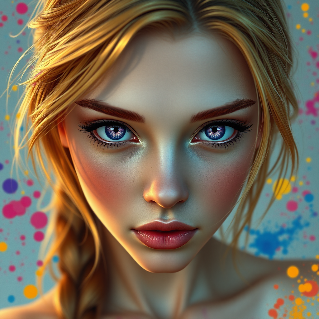 MeinaPastel model image, (masterpiece:1.2, best quality), (finely detailed beautiful eyes: 1.2), (extremely detailed CG unity 8k wallpaper, masterpiece, best quality, ultra-detailed, best shadow), (detailed background), (beautiful detailed face, beautiful detailed eyes), High contrast, (best illumination, an extremely delicate and beautiful),1girl,((colourful paint splashes on transparent background, dulux,)), dynamic angle,beautiful detailed glow, gold hair, purple eyes, hyper detail, bust shot, water nymph, wet clothes, nipple, thin dress, shedding tears