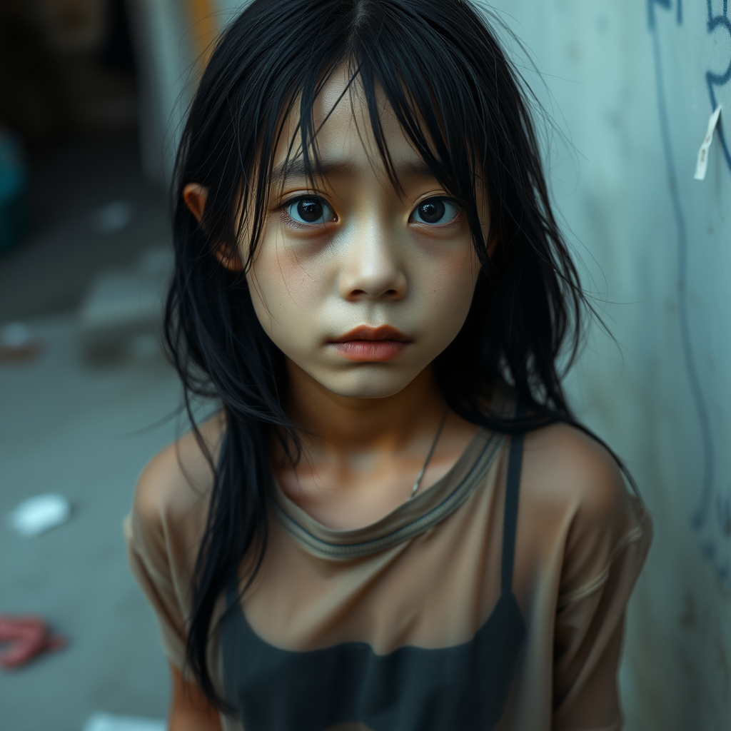 A homeless and sad and mystery and surreal Asian girl in a very old transparent T-shirt, with black hair and black eyes is looking without hope in her eyes and a little bit crying.