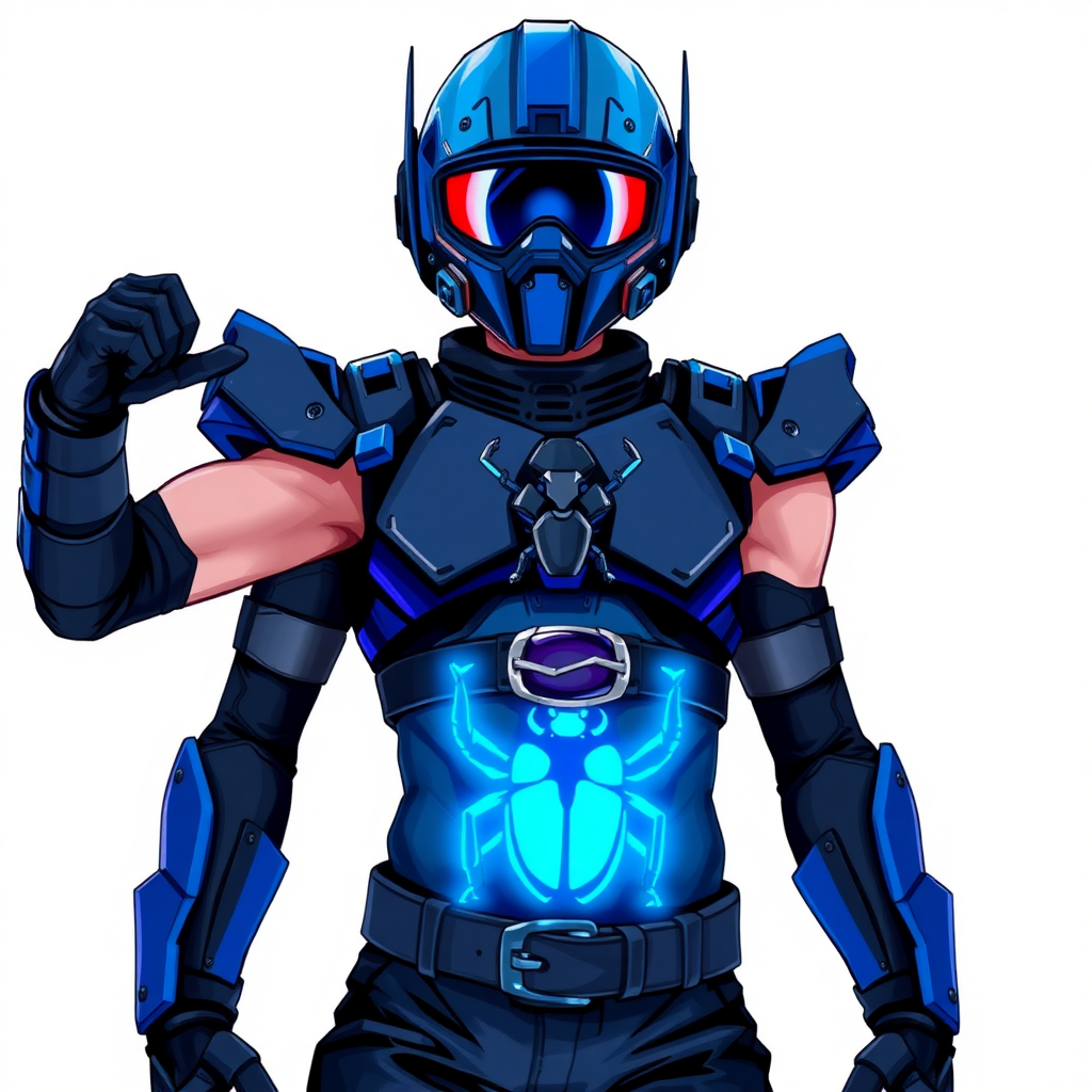 A young adult cyberpunk vigilante stands heroically, clad in high-tech, maximum blue body armor featuring a neon blue glowing beetle on the chest. They wear black biker pants, a black belt with a sapphire beetle buckle, and a helmet resembling Red Hood Jason Todd’s, but colored maximum blue with neon blue glowing lenses. Their hands are protected by black metal gloves, all set against a solid white background. He is drawn as if he was in a retro 2D cyberpunk fighting game.